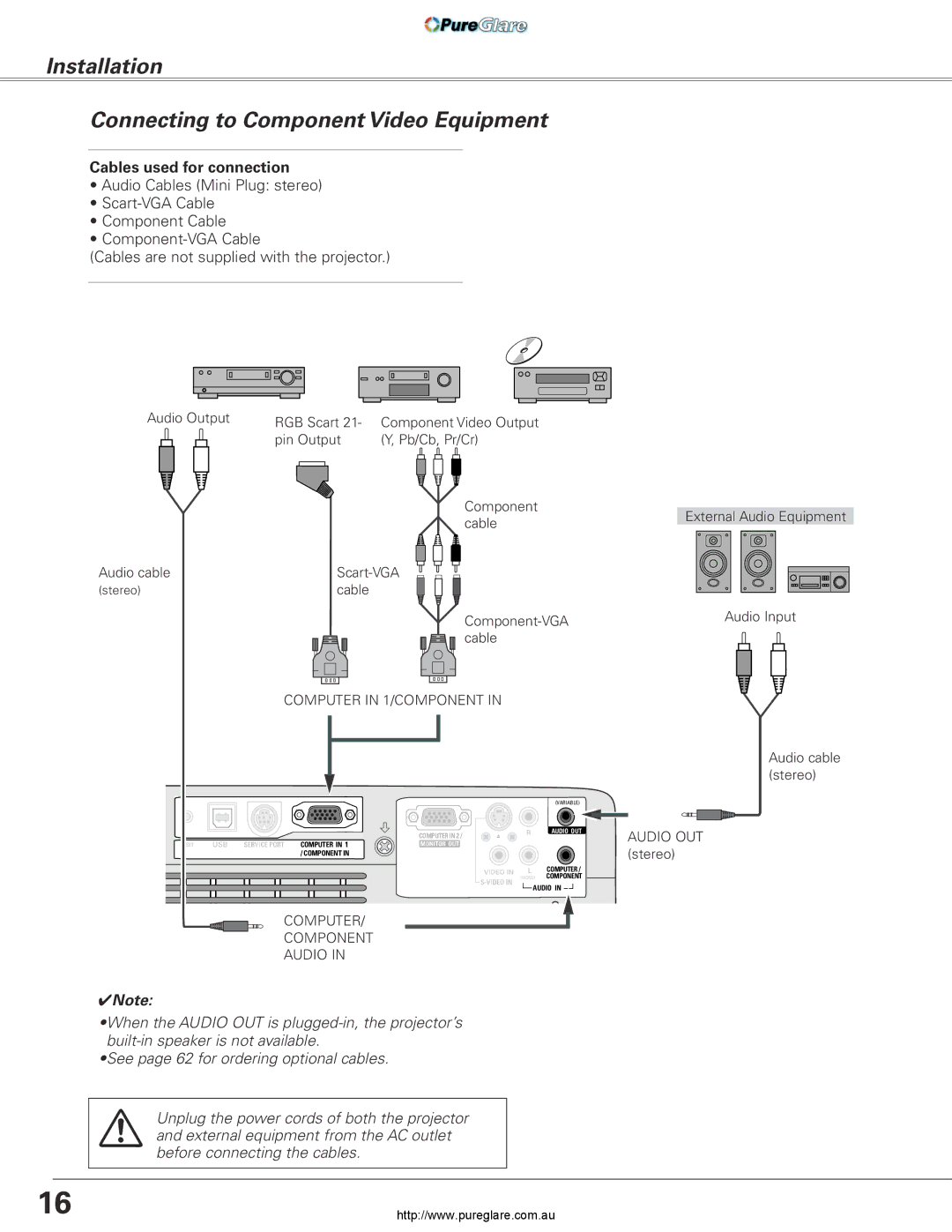 Sanyo PLC-XL45 owner manual Installation Connecting to Component Video Equipment, Audio OUT 