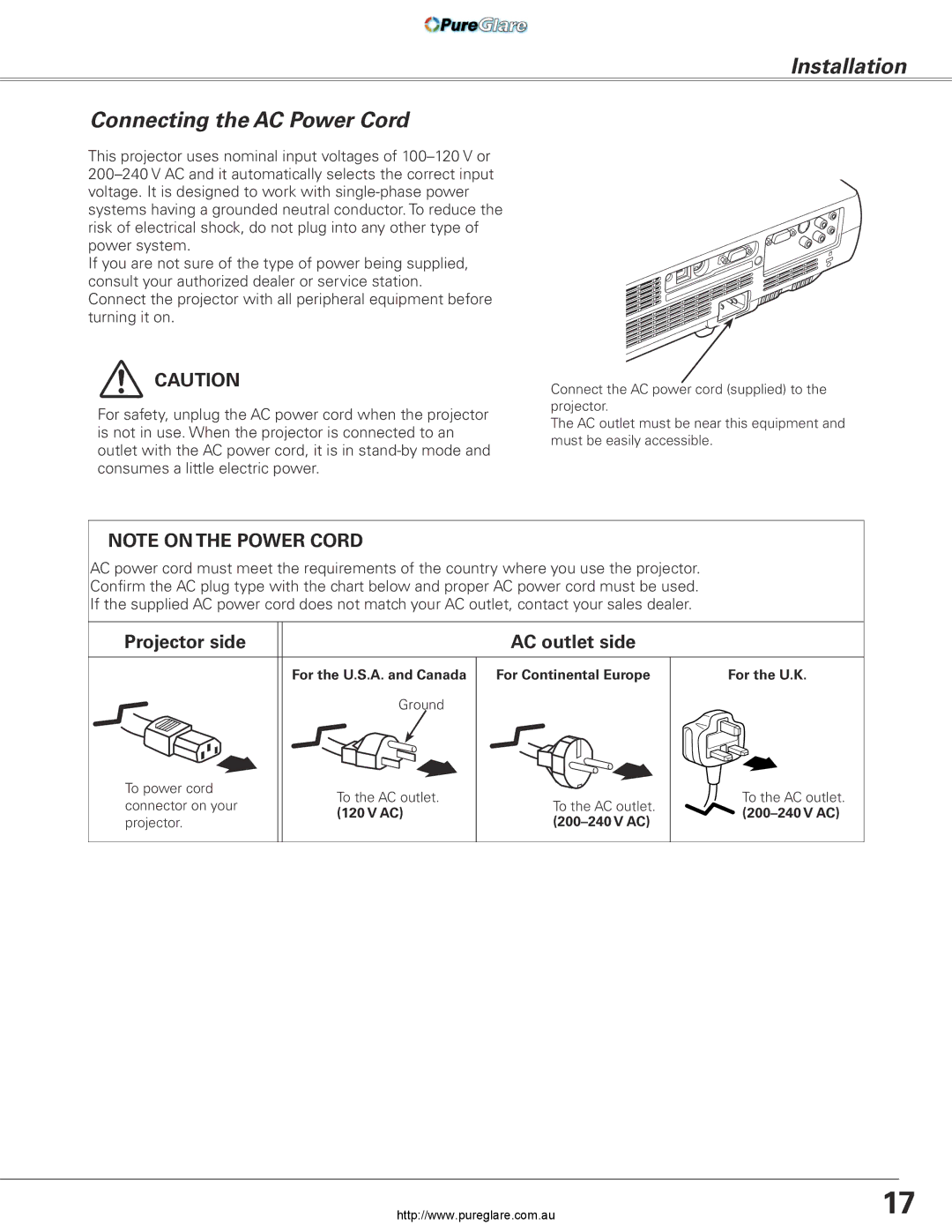 Sanyo PLC-XL45 owner manual Installation Connecting the AC Power Cord, Projector side AC outlet side 