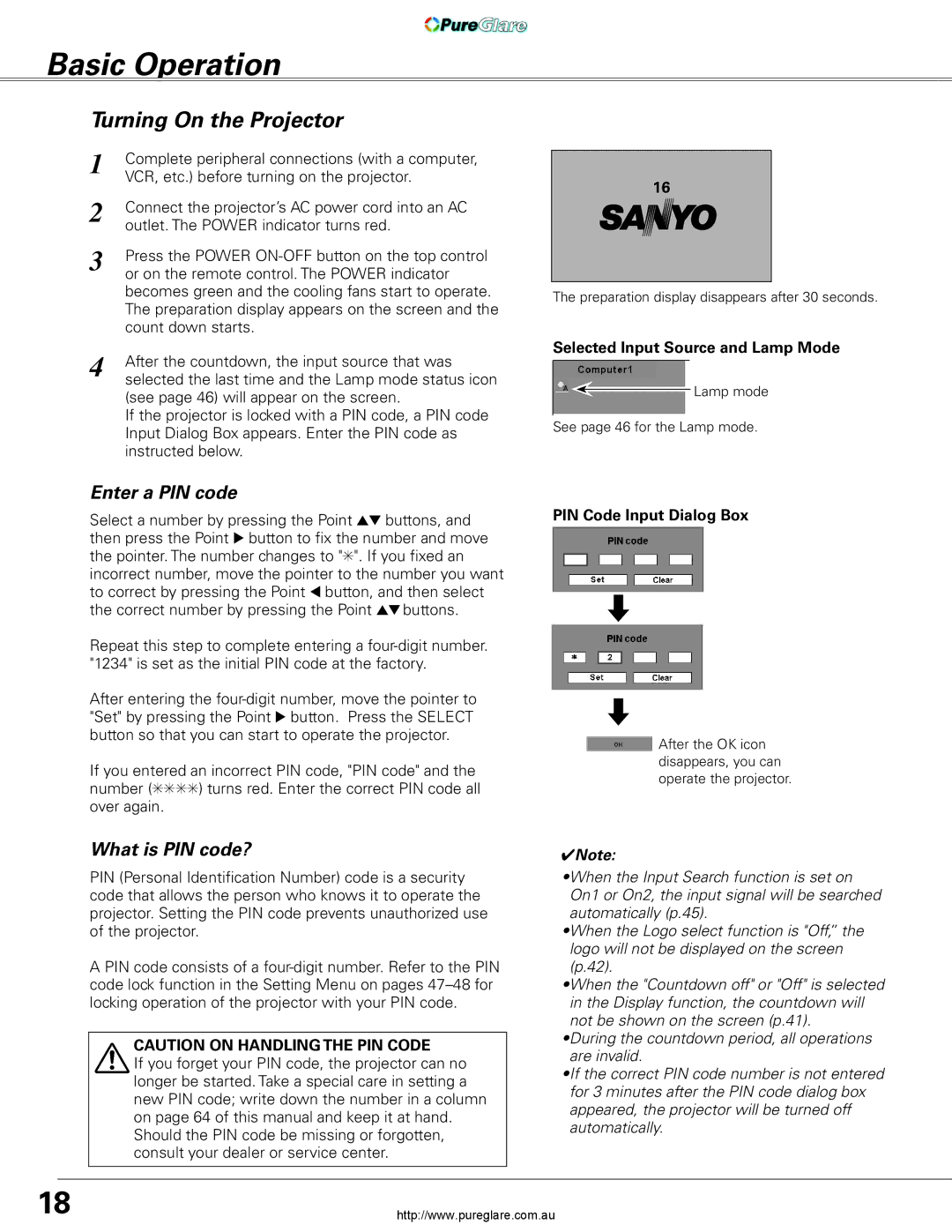 Sanyo PLC-XL45 Basic Operation, Turning On the Projector, Selected Input Source and Lamp Mode, PIN Code Input Dialog Box 