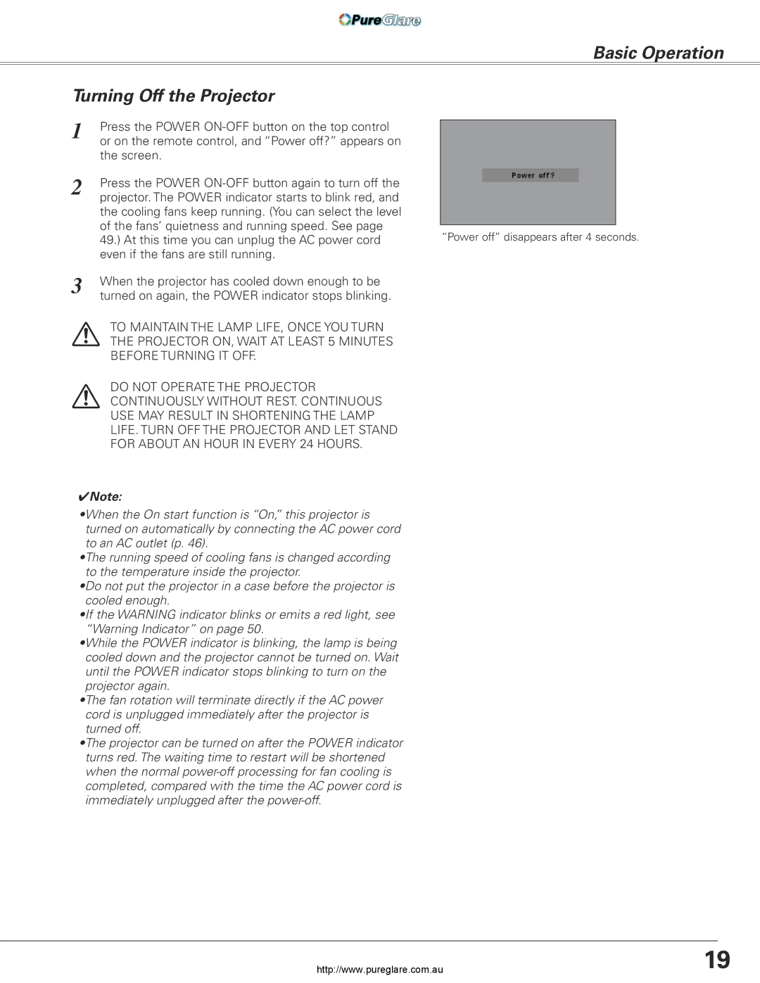 Sanyo PLC-XL45 owner manual Basic Operation Turning Off the Projector 