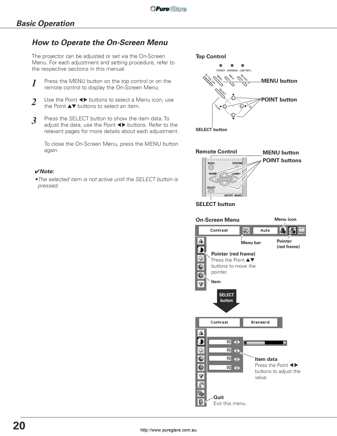 Sanyo PLC-XL45 owner manual Basic Operation How to Operate the On-Screen Menu, Top Control, Menu button Point button 