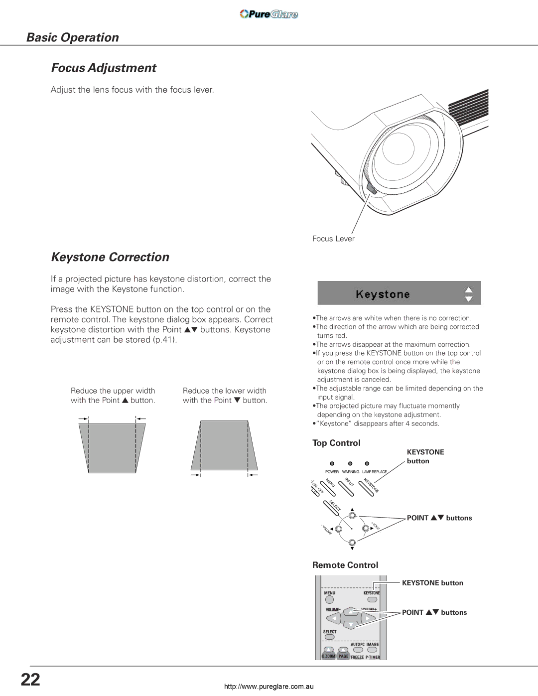 Sanyo PLC-XL45 owner manual Basic Operation Focus Adjustment, Keystone Correction, Remote Control 