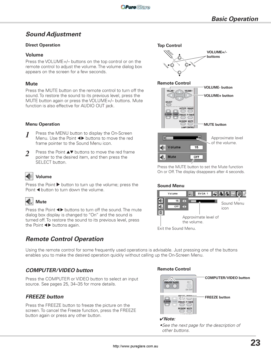 Sanyo PLC-XL45 owner manual Basic Operation Sound Adjustment, Remote Control Operation 