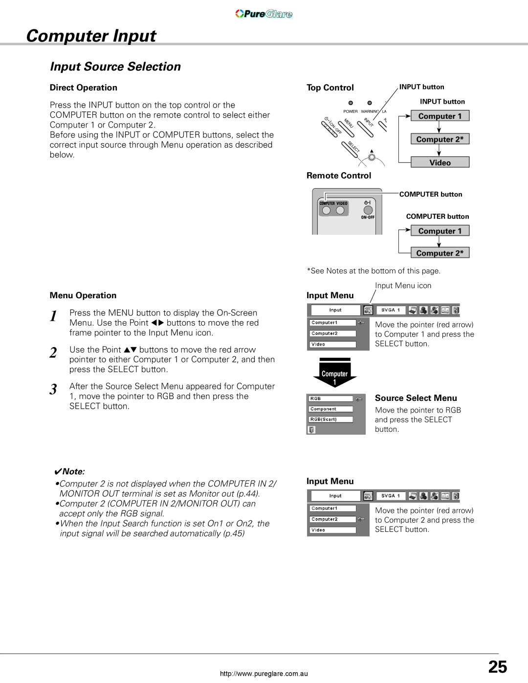 Sanyo PLC-XL45 owner manual Computer Input, Input Source Selection, Input Menu, Source Select Menu 