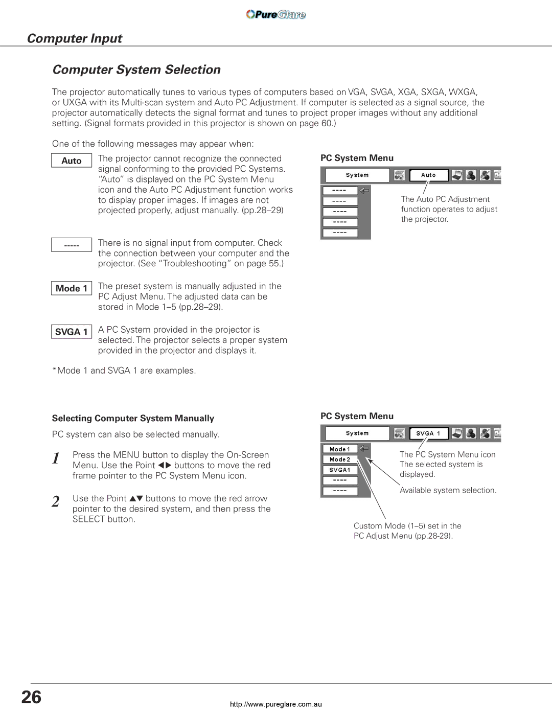 Sanyo PLC-XL45 Computer Input Computer System Selection, Auto, PC System Menu, Mode, Selecting Computer System Manually 