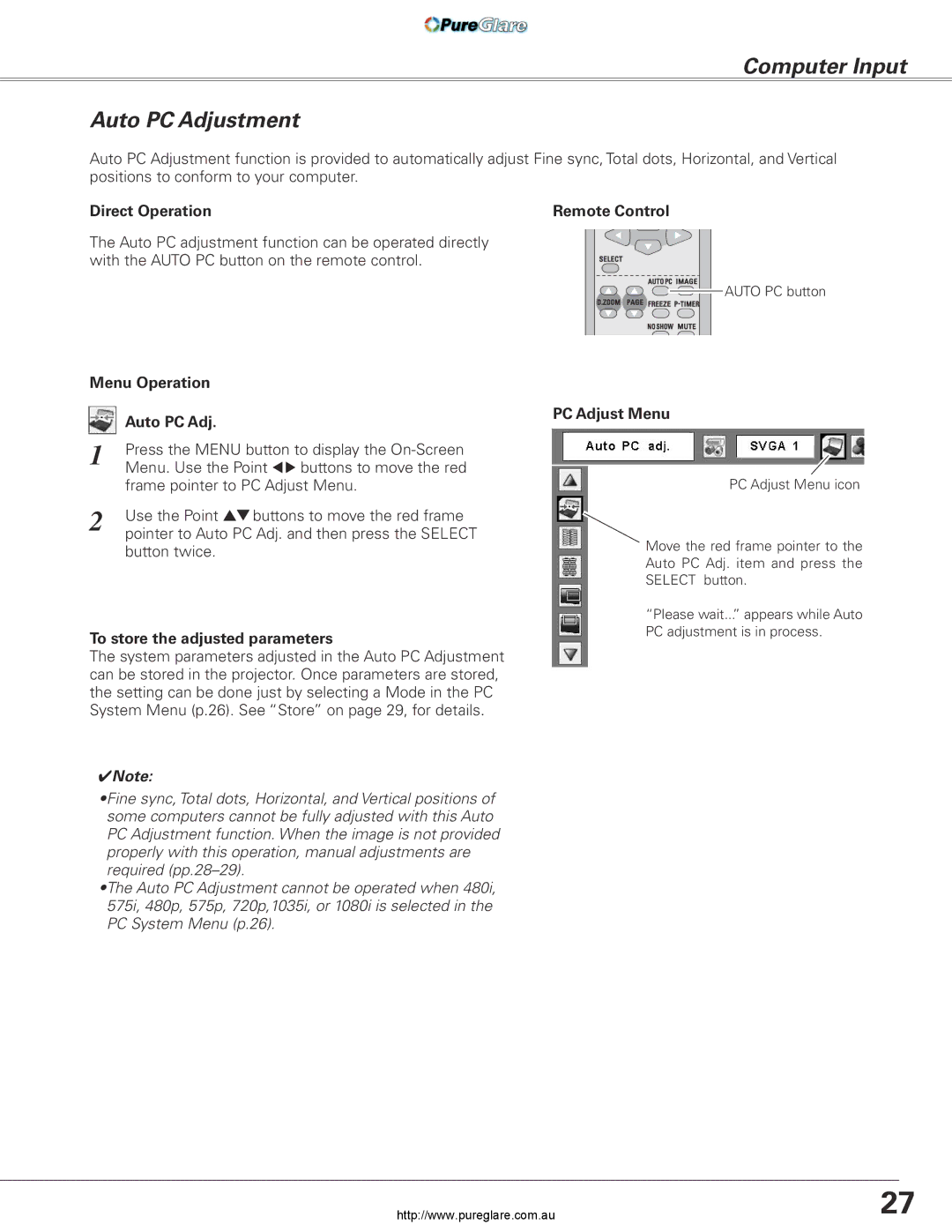 Sanyo PLC-XL45 owner manual Computer Input Auto PC Adjustment, Direct Operation Remote Control, Menu Operation Auto PC Adj 