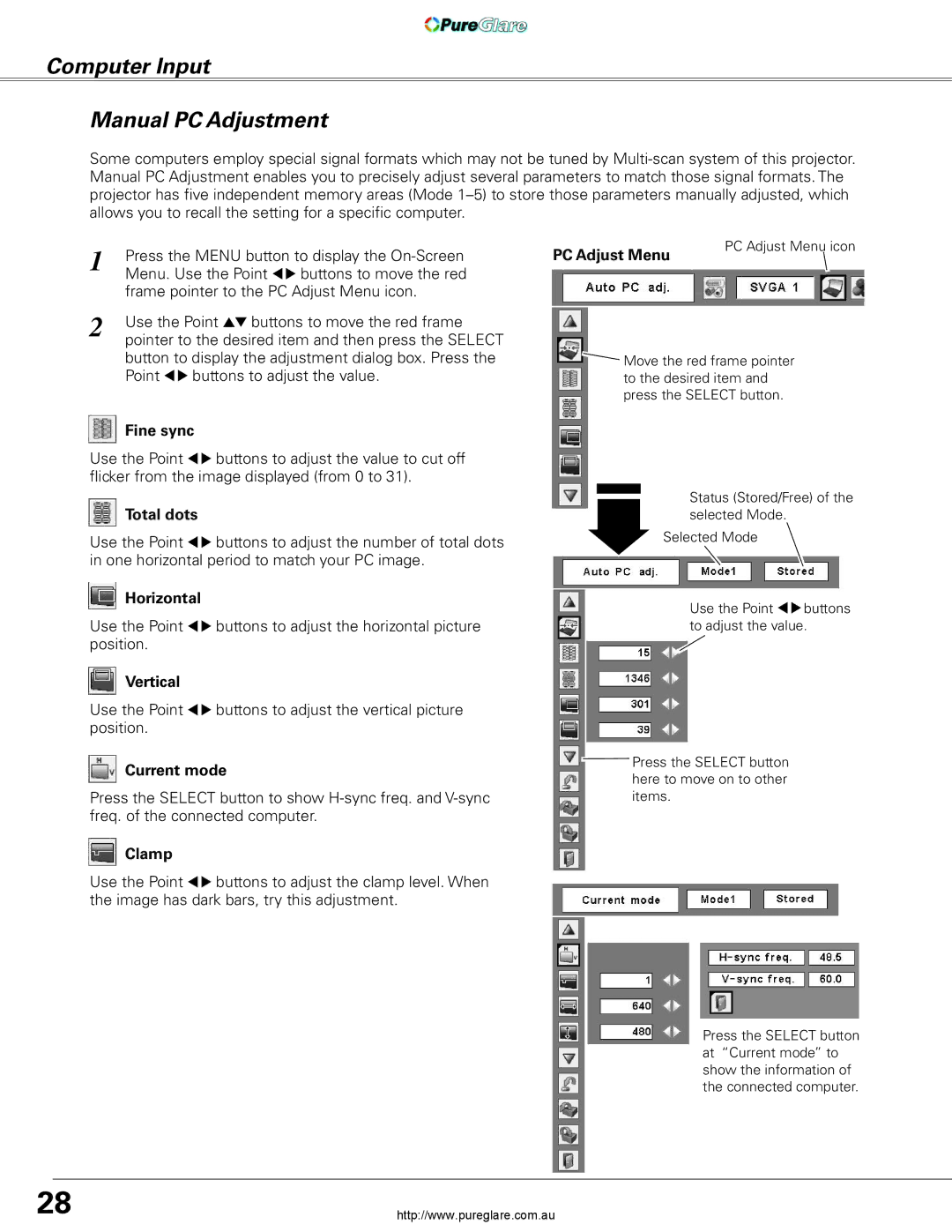 Sanyo PLC-XL45 owner manual Computer Input Manual PC Adjustment 