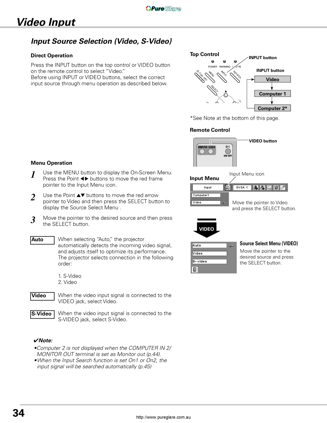 Sanyo PLC-XL45 owner manual Video Input, Input Source Selection Video, S-Video, Remote Control Menu Operation 