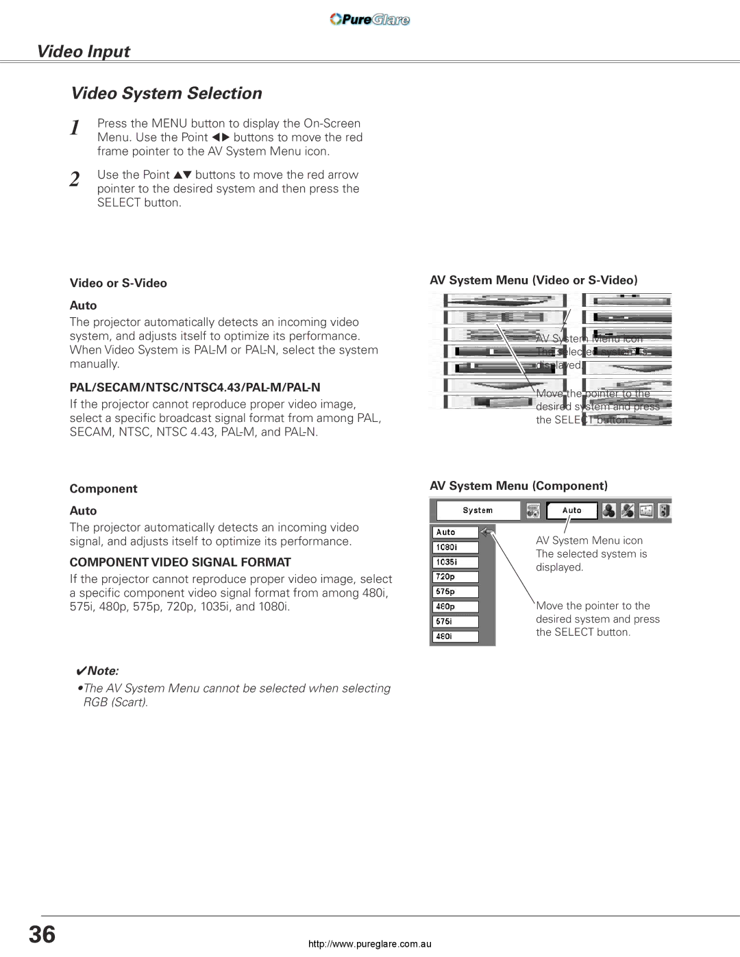 Sanyo PLC-XL45 Video Input Video System Selection, Video or S-Video Auto, Component Auto, AV System Menu Video or S-Video 