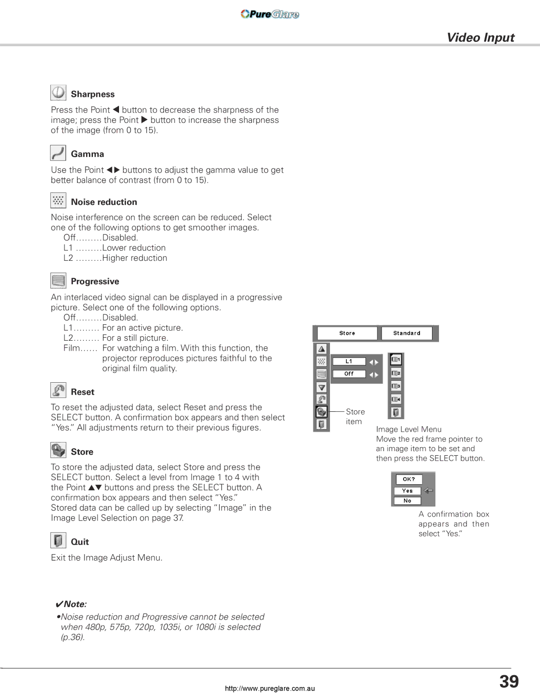 Sanyo PLC-XL45 owner manual Video Input, Noise reduction, Progressive 