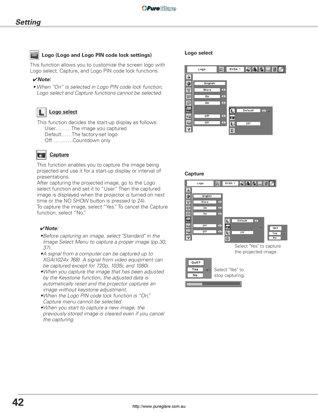 Sanyo PLC-XL45 owner manual Logo Logo and Logo PIN code lock settings, Logo select Capture 