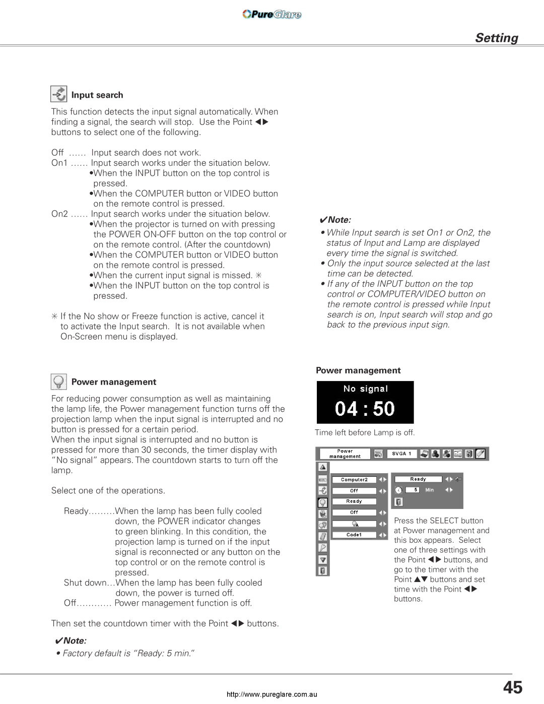 Sanyo PLC-XL45 owner manual Input search, Power management 