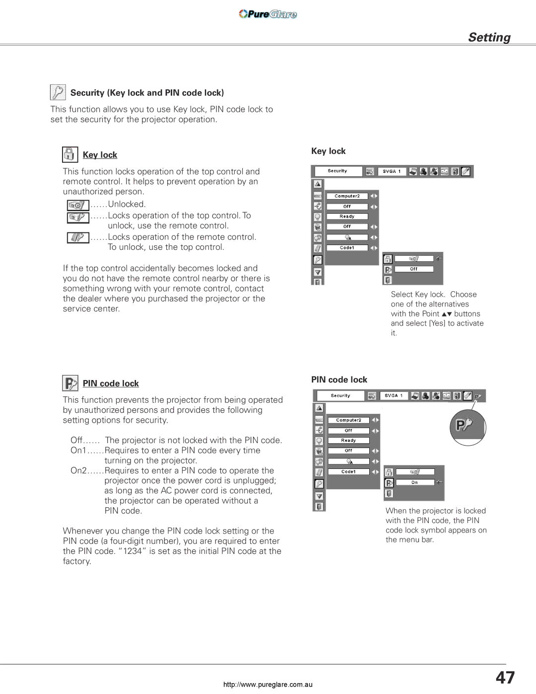 Sanyo PLC-XL45 owner manual Security Key lock and PIN code lock 