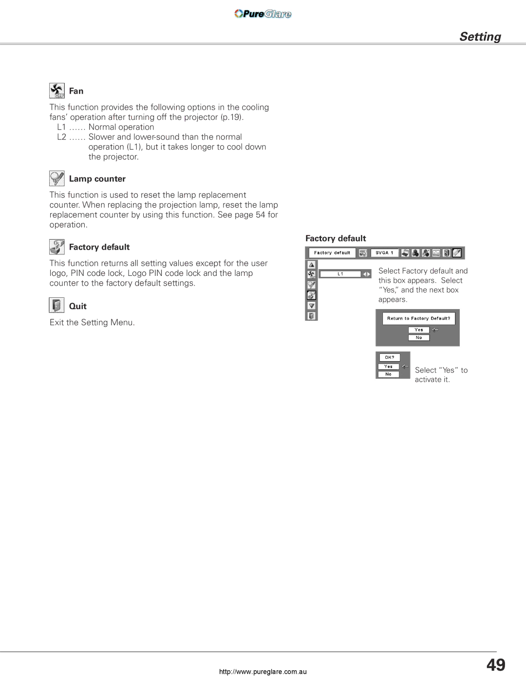 Sanyo PLC-XL45 owner manual Fan, Lamp counter, Factory default 