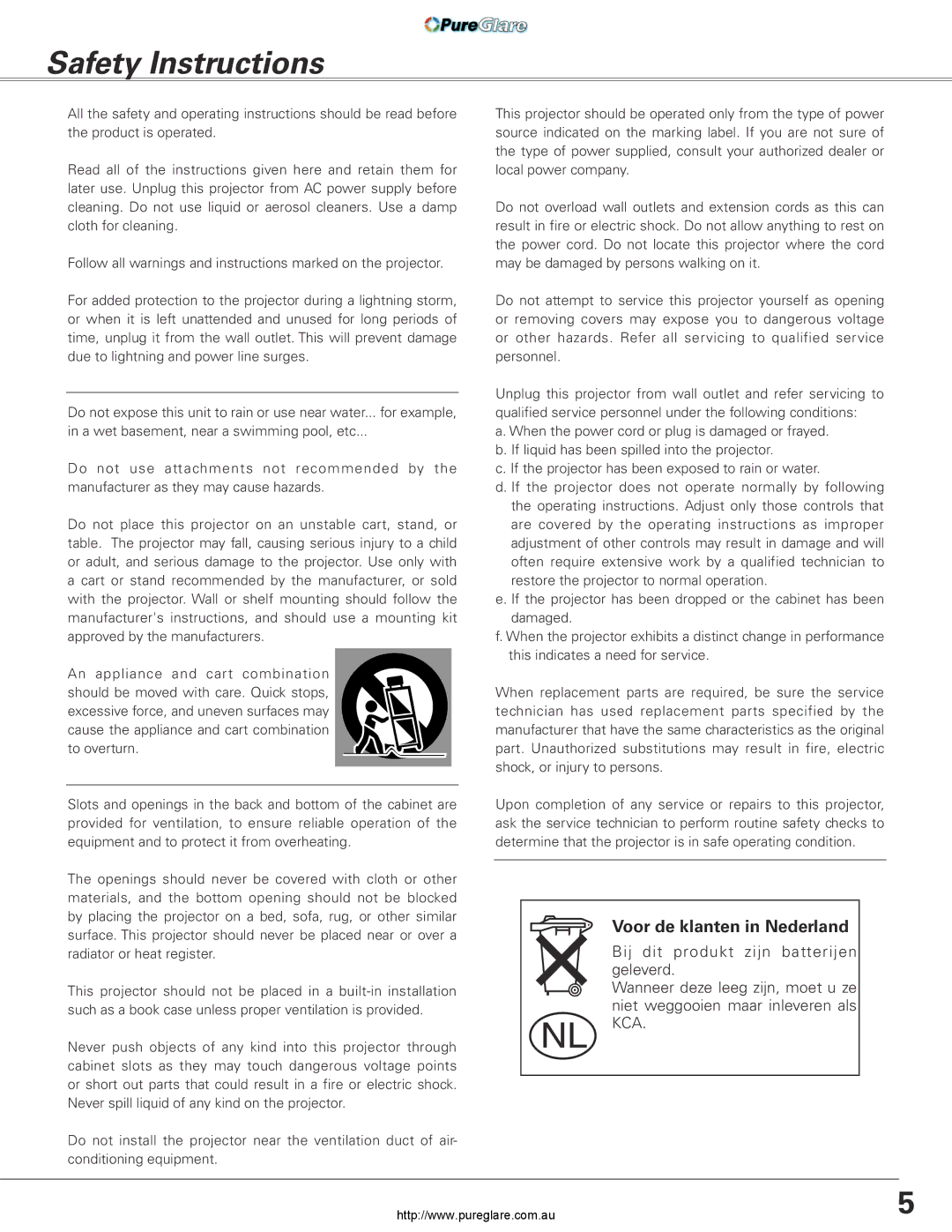 Sanyo PLC-XL45 owner manual Safety Instructions, Voor de klanten in Nederland 