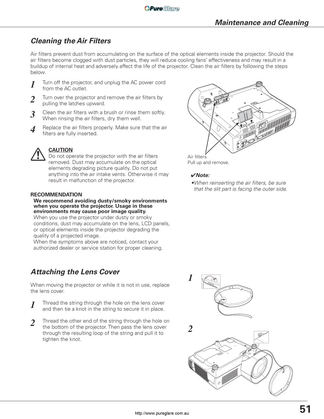 Sanyo PLC-XL45 owner manual Maintenance and Cleaning Cleaning the Air Filters, Attaching the Lens Cover 