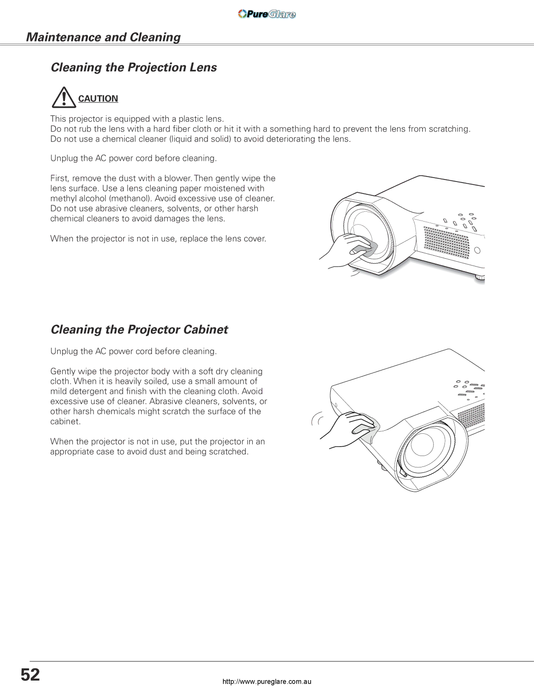 Sanyo PLC-XL45 owner manual Maintenance and Cleaning Cleaning the Projection Lens, Cleaning the Projector Cabinet 