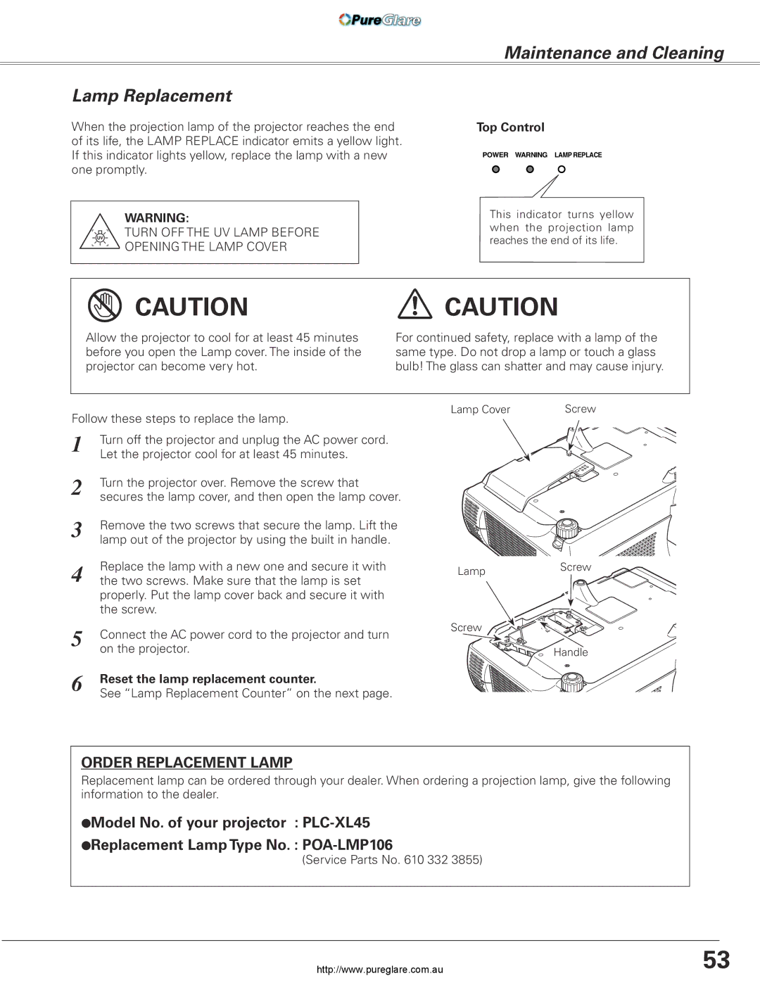 Sanyo PLC-XL45 owner manual Lamp Replacement, Maintenance and Cleaning, Reset the lamp replacement counter 