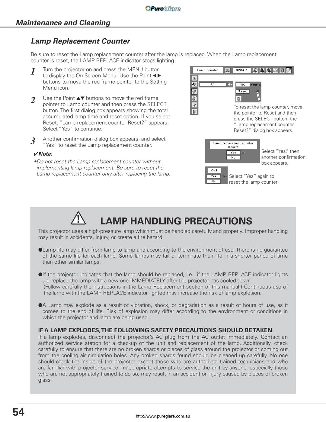 Sanyo PLC-XL45 owner manual Lamp Handling Precautions, Maintenance and Cleaning Lamp Replacement Counter 