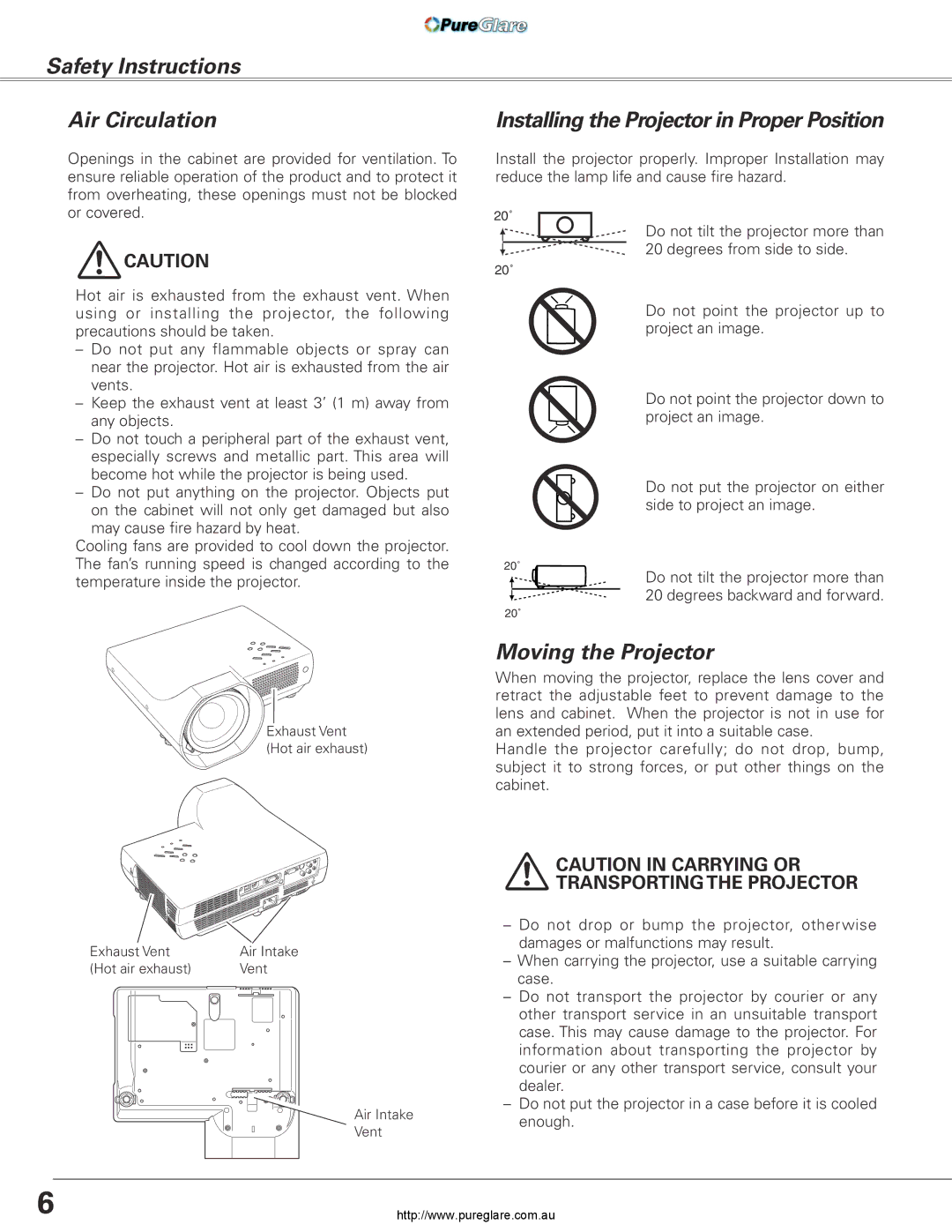 Sanyo PLC-XL45 Safety Instructions Air Circulation, Installing the Projector in Proper Position, Moving the Projector 