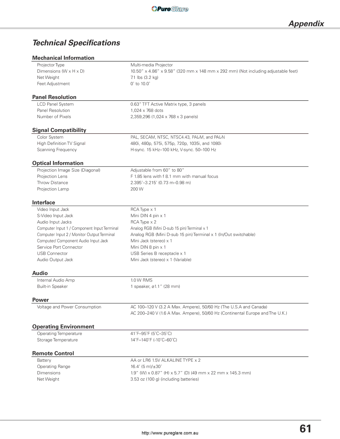 Sanyo PLC-XL45 owner manual Technical Specifications 