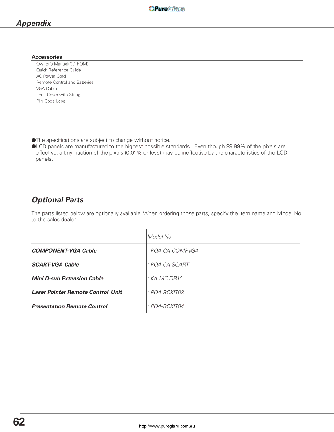 Sanyo PLC-XL45 owner manual Optional Parts, Accessories 