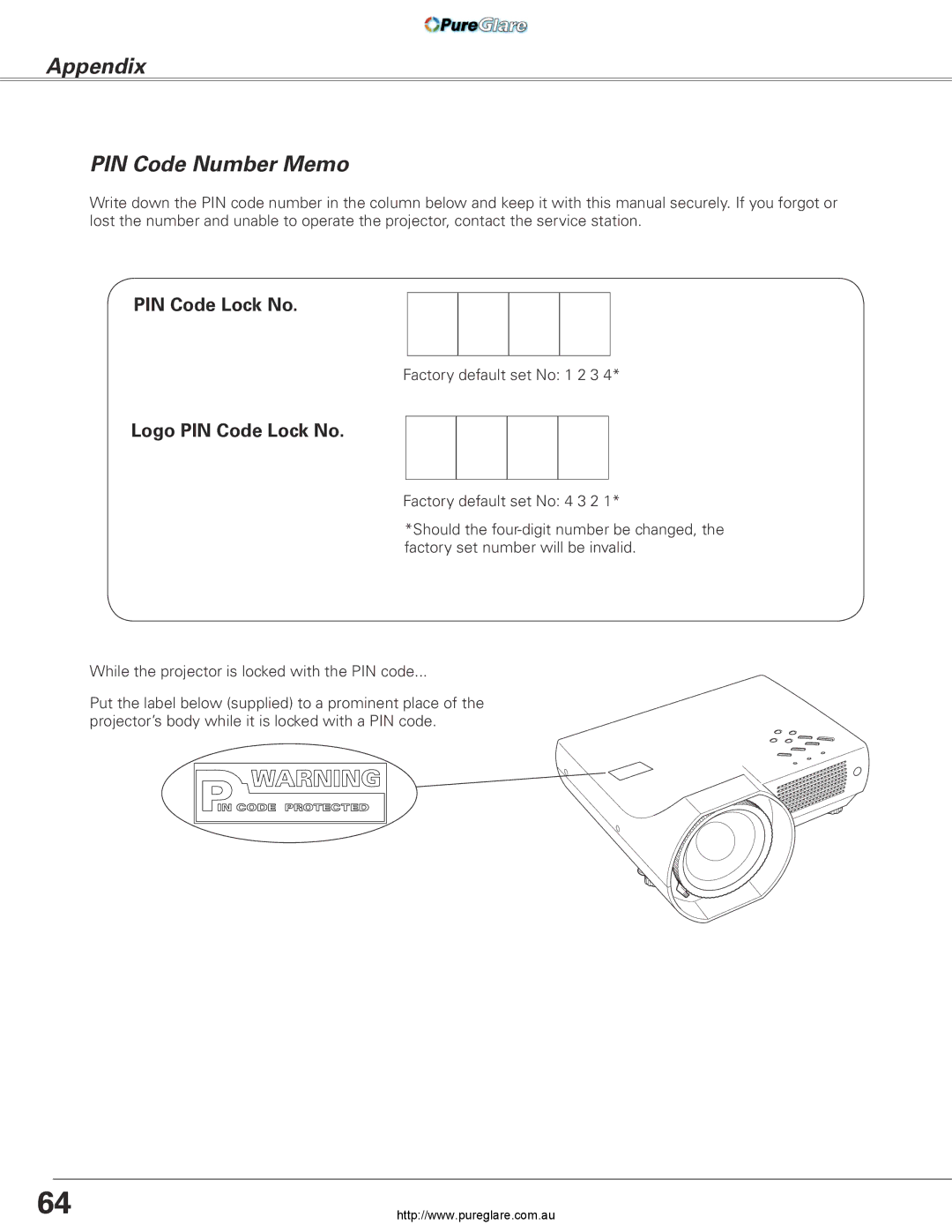 Sanyo PLC-XL45 owner manual Appendix PIN Code Number Memo, Logo PIN Code Lock No 