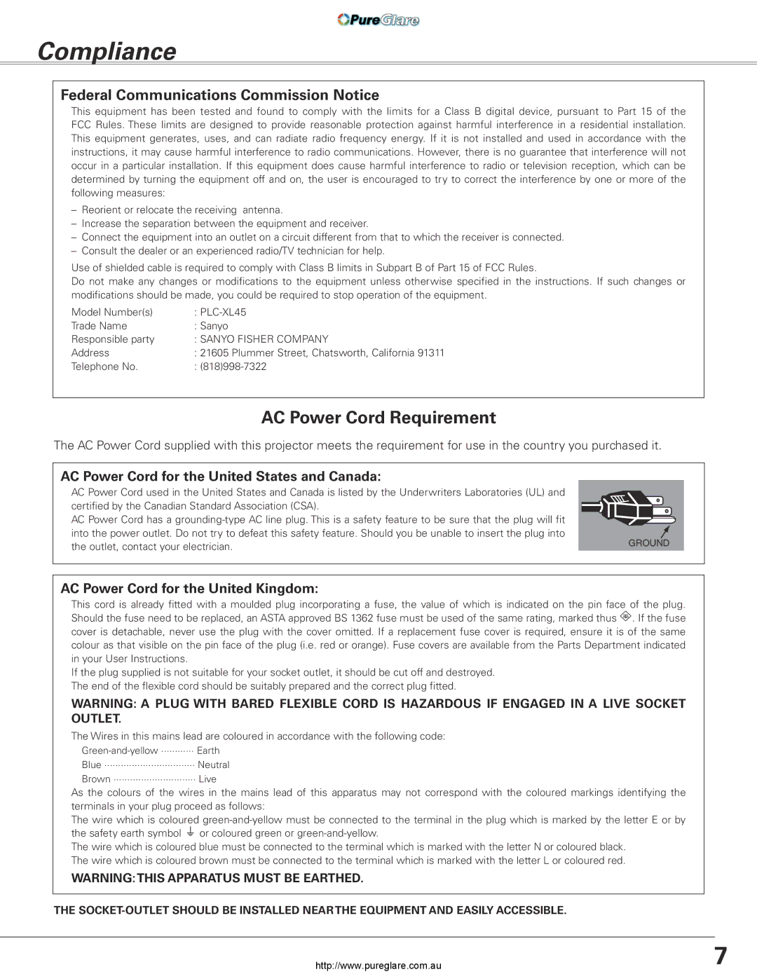 Sanyo PLC-XL45 owner manual Compliance, Federal Communications Commission Notice 