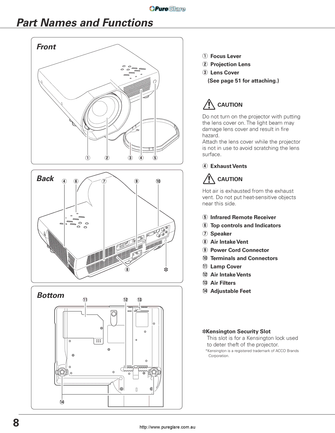 Sanyo PLC-XL45 owner manual Part Names and Functions, Front Back, Bottom, Exhaust Vents 