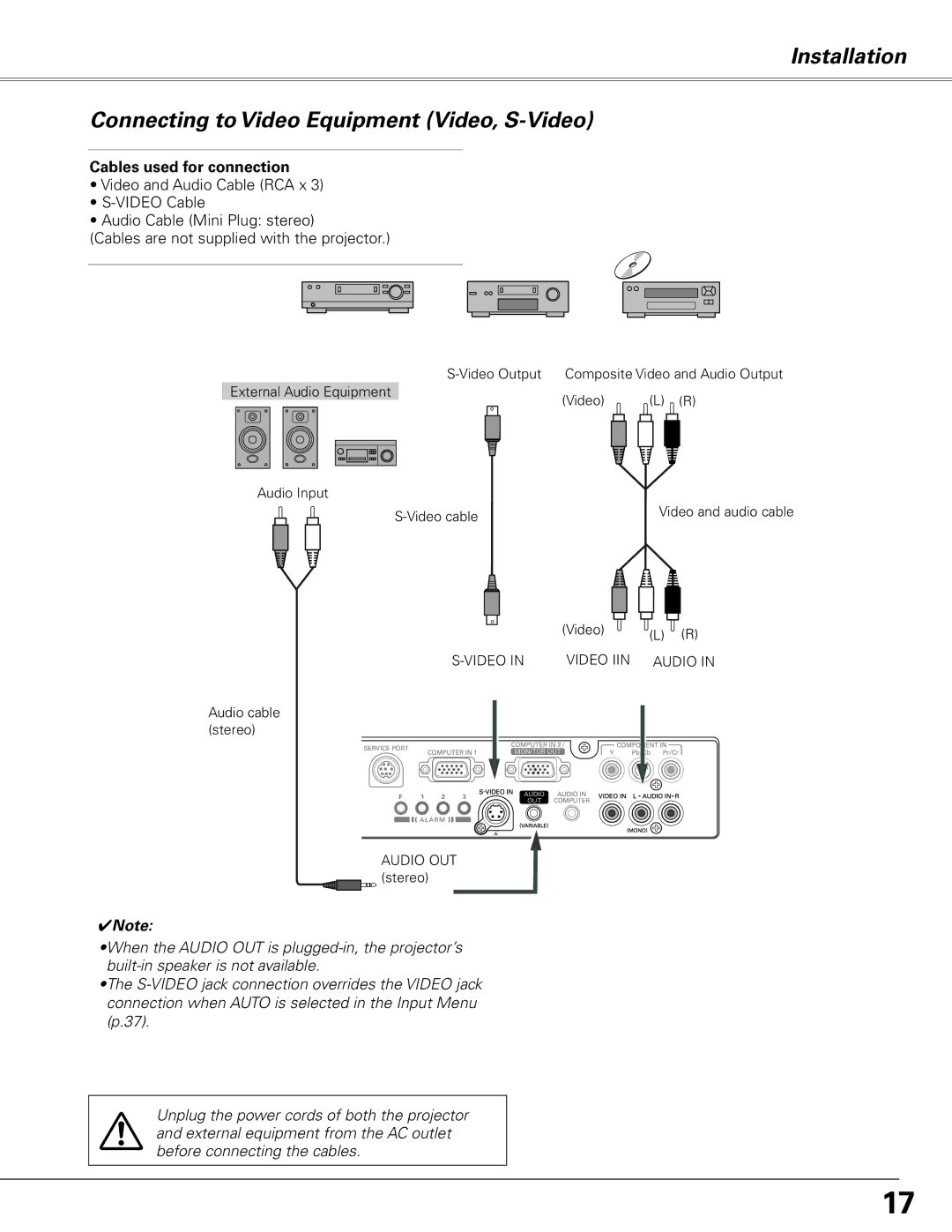 Sanyo PLC-XL50 owner manual Installation Connecting to Video Equipment Video, S-Video 