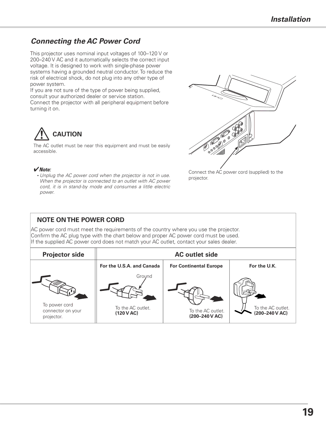 Sanyo PLC-XL50 owner manual Installation Connecting the AC Power Cord, Projector side AC outlet side 