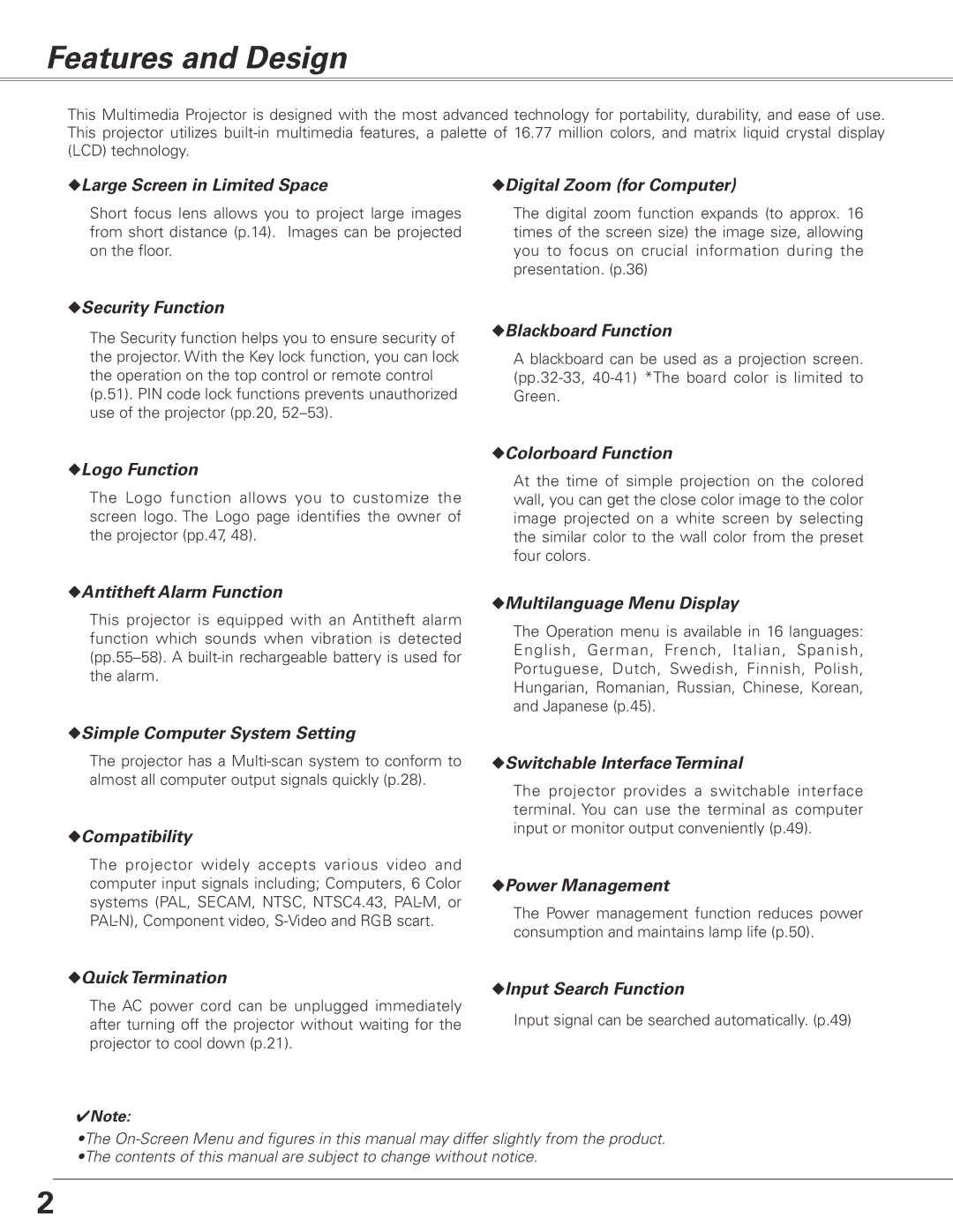 Sanyo PLC-XL50 owner manual Features and Design, Large Screen in Limited Space 