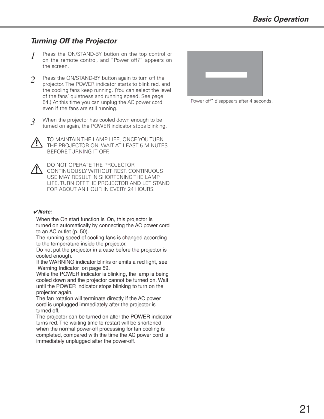 Sanyo PLC-XL50 owner manual Basic Operation Turning Off the Projector 