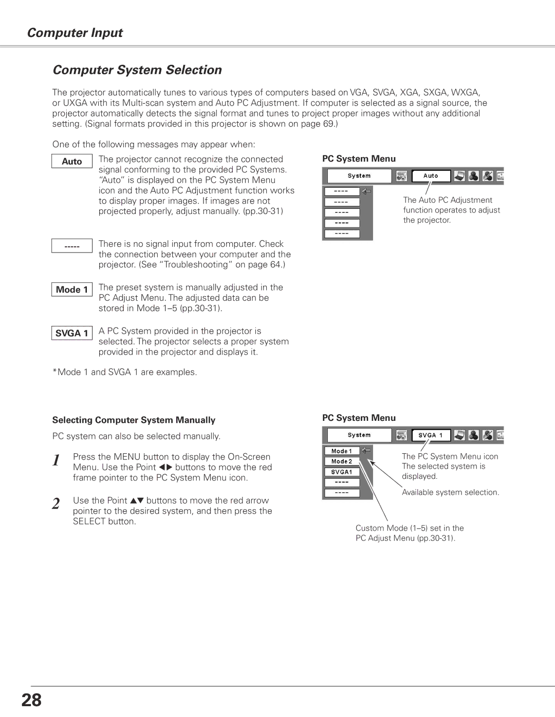 Sanyo PLC-XL50 Computer Input Computer System Selection, Auto, PC System Menu, Mode, Selecting Computer System Manually 