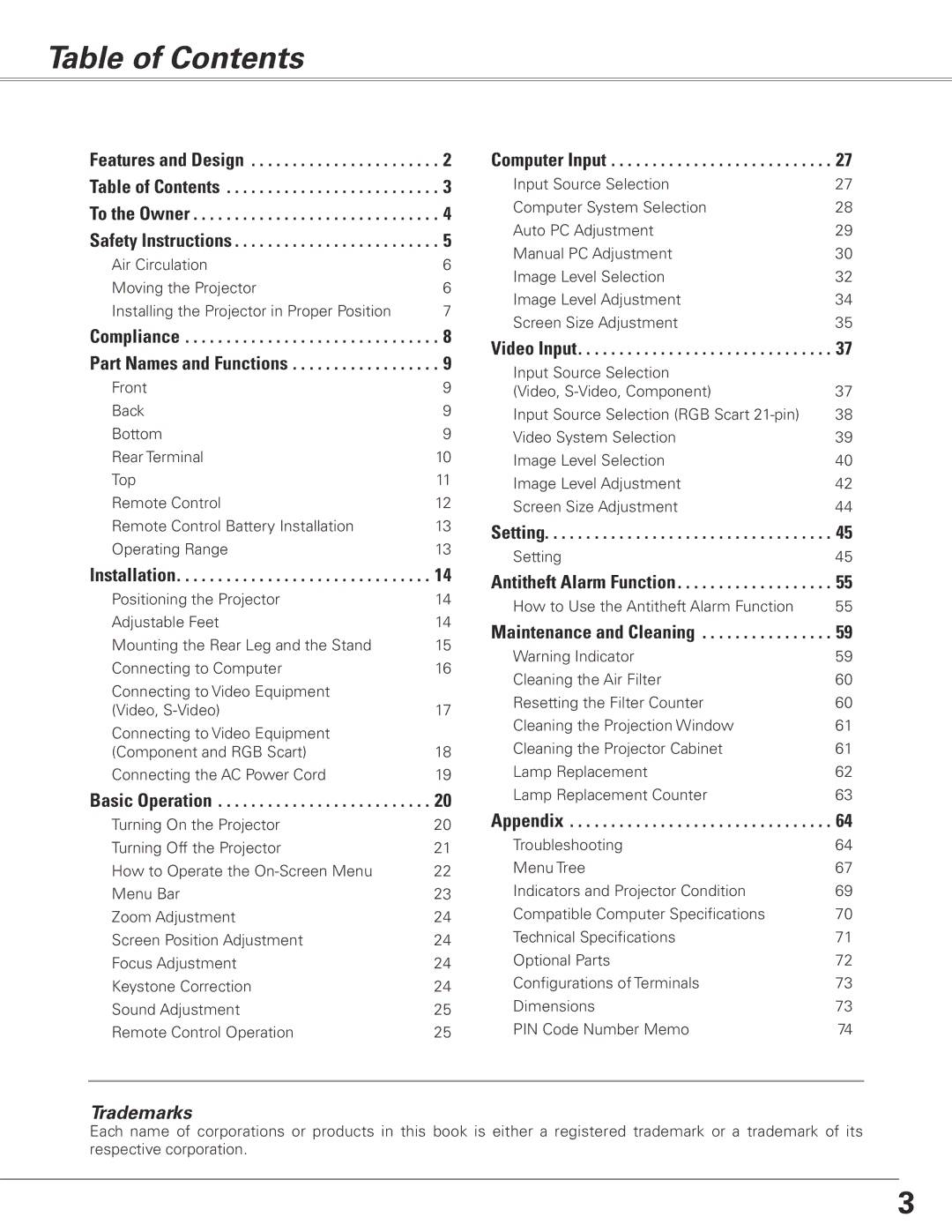 Sanyo PLC-XL50 owner manual Table of Contents 