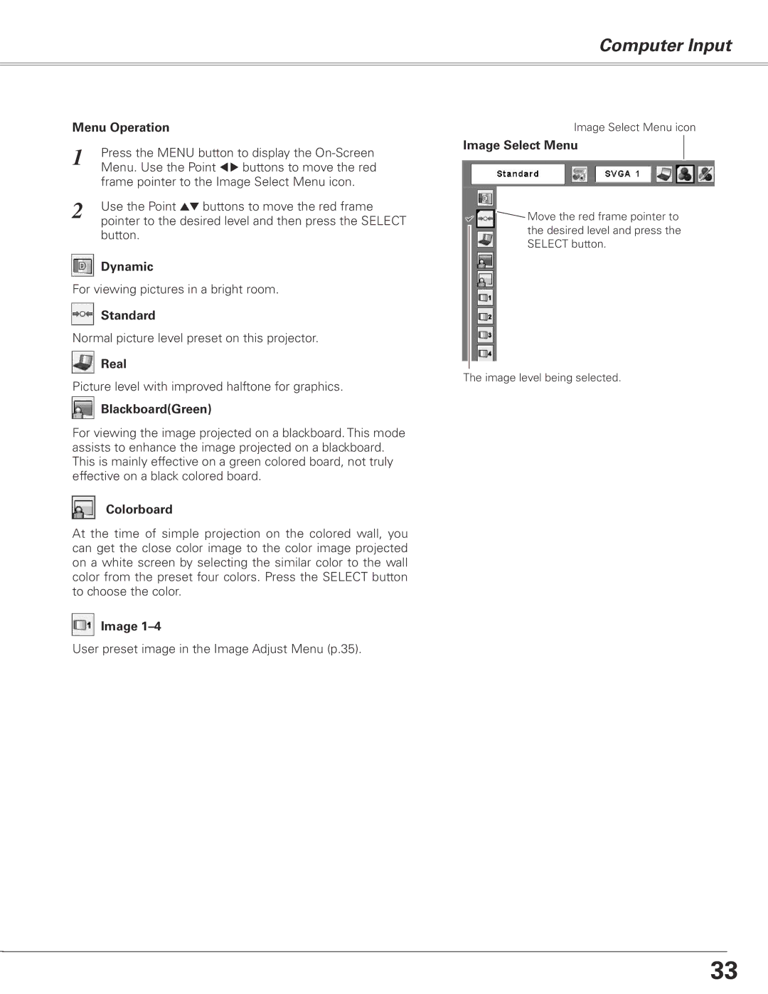 Sanyo PLC-XL50 owner manual BlackboardGreen, Image Select Menu 