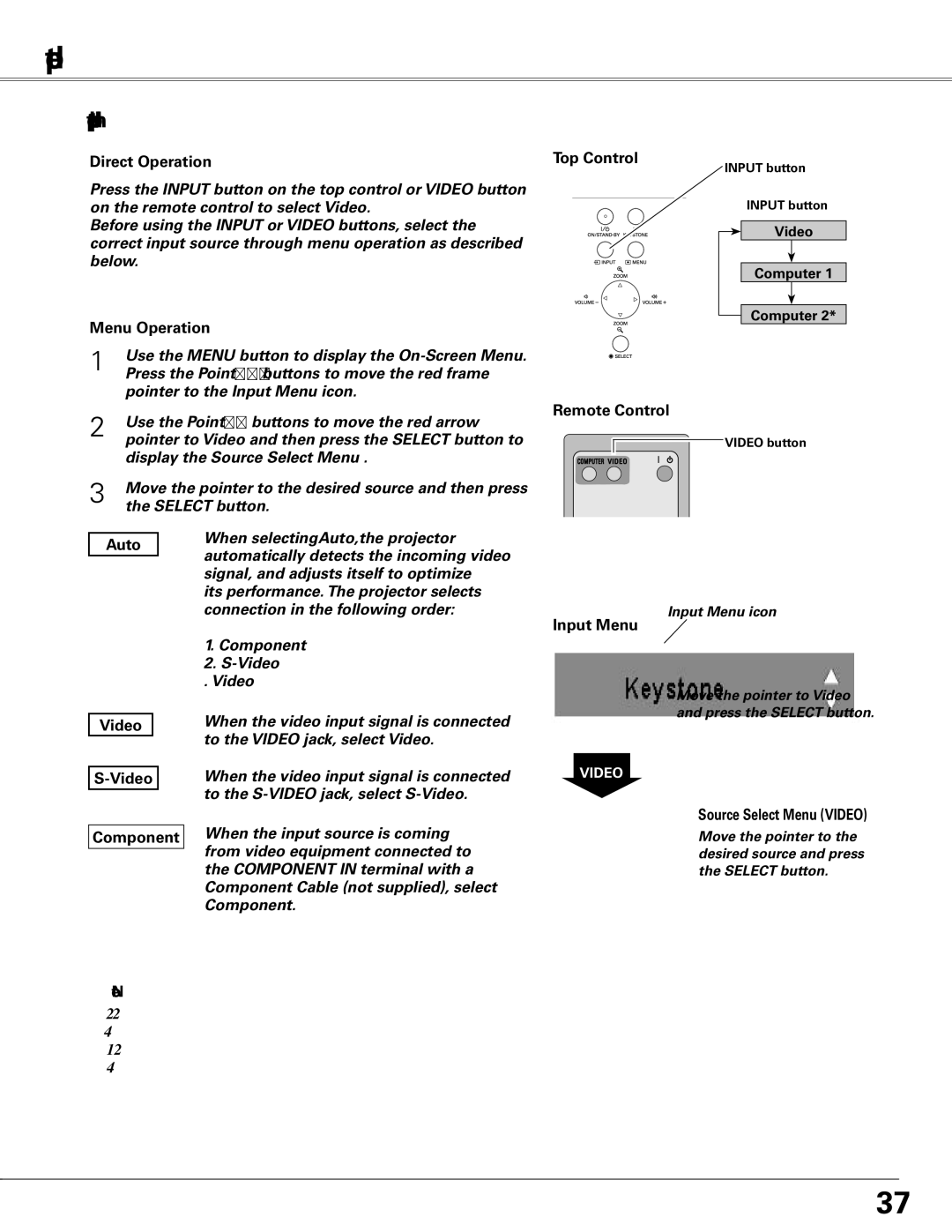 Sanyo PLC-XL50 owner manual Video Input, Input Source Selection Video, S-Video, Component, Auto Video Component 