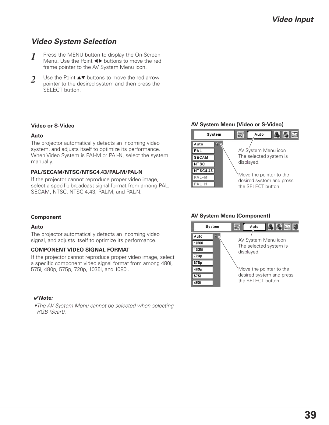 Sanyo PLC-XL50 Video Input Video System Selection, Video or S-Video Auto, Component Auto, AV System Menu Video or S-Video 