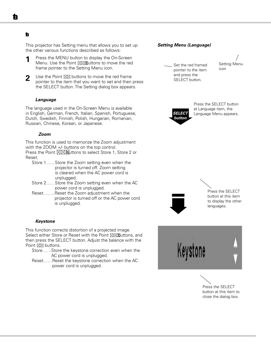 Sanyo PLC-XL50 owner manual Language Setting Menu Language, Zoom, Keystone 