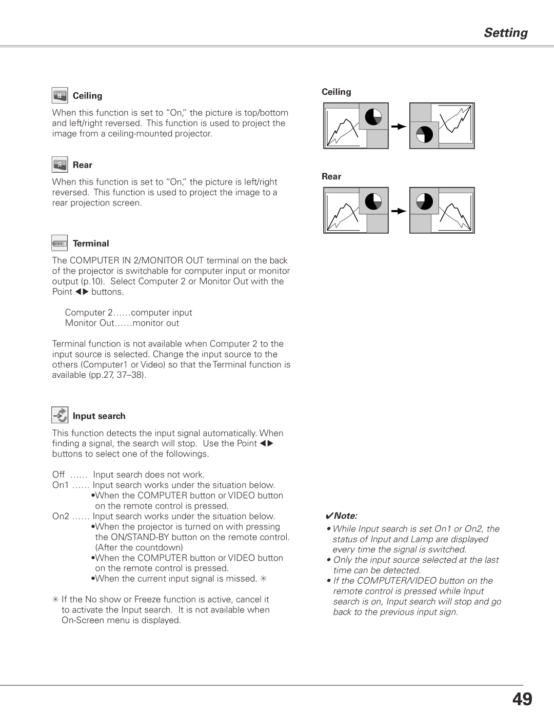 Sanyo PLC-XL50 owner manual Ceiling, Rear, Terminal, Input search 