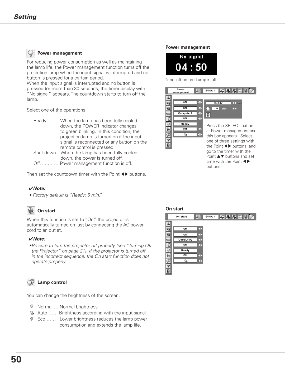 Sanyo PLC-XL50 owner manual Power management, On start, Lamp control 