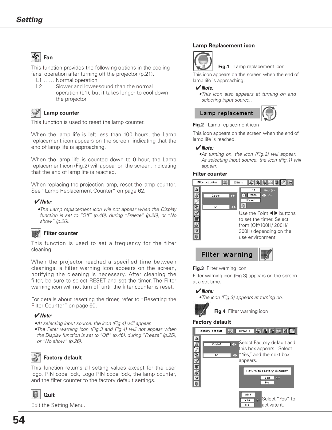 Sanyo PLC-XL50 owner manual Fan, Lamp counter, Filter counter, Factory default, Lamp Replacement icon 