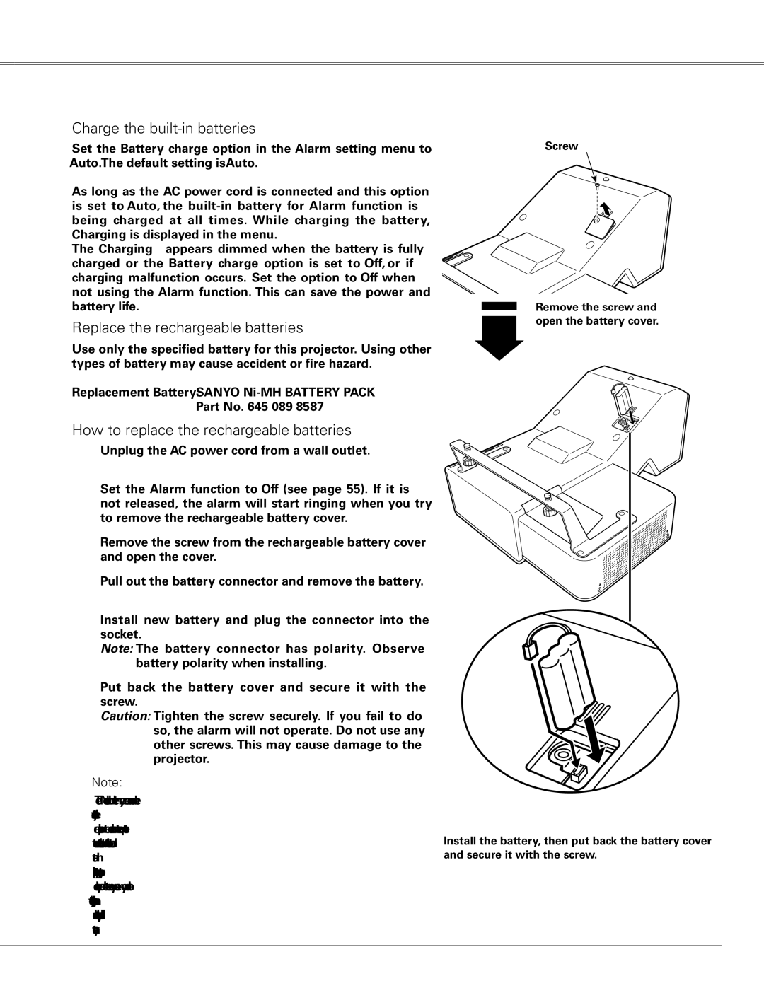 Sanyo PLC-XL50 owner manual Charge the built-in batteries, Replace the rechargeable batteries 