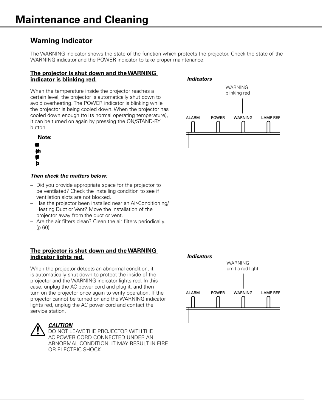 Sanyo PLC-XL50 owner manual Maintenance and Cleaning, Then check the matters below, Indicators 