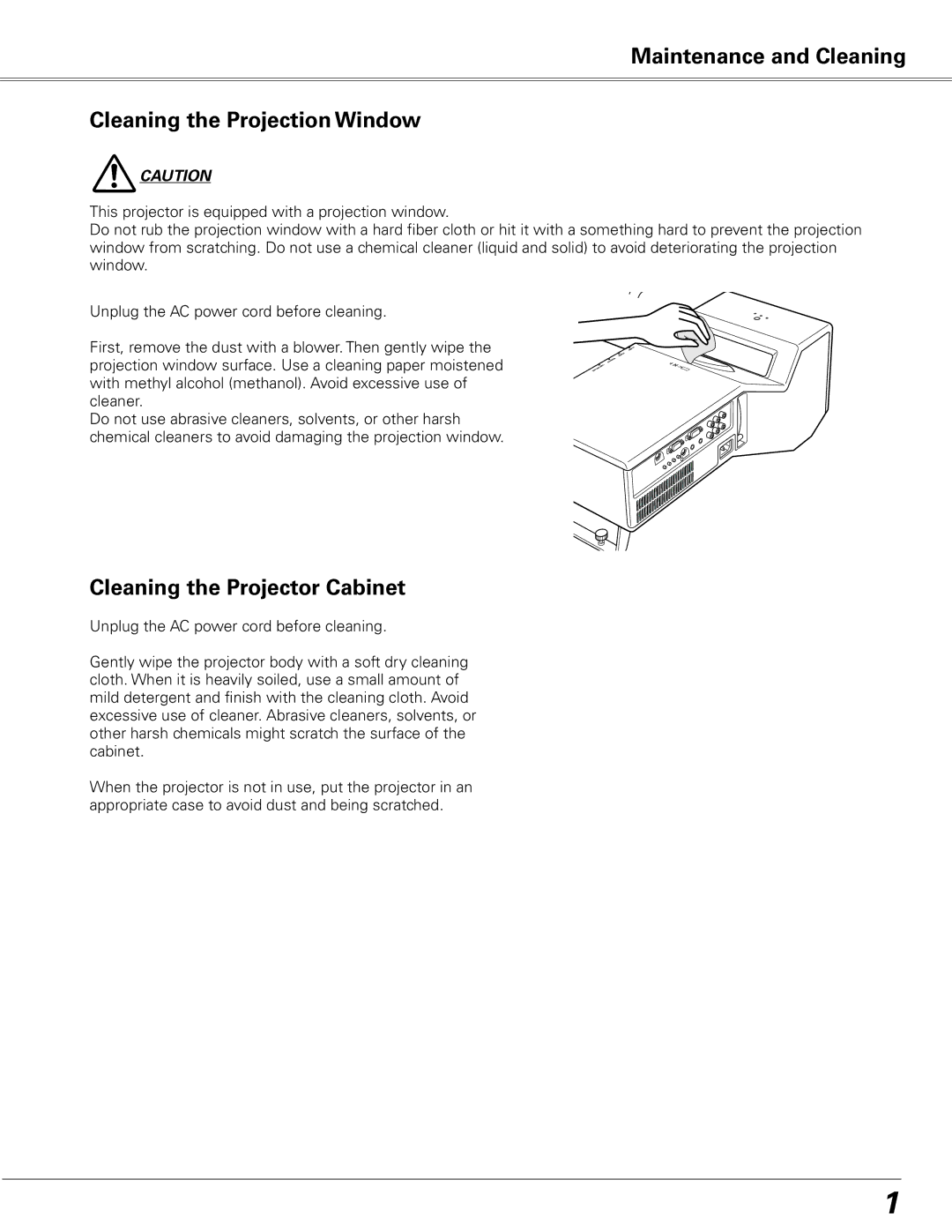 Sanyo PLC-XL50 owner manual Maintenance and Cleaning Cleaning the Projection Window, Cleaning the Projector Cabinet 