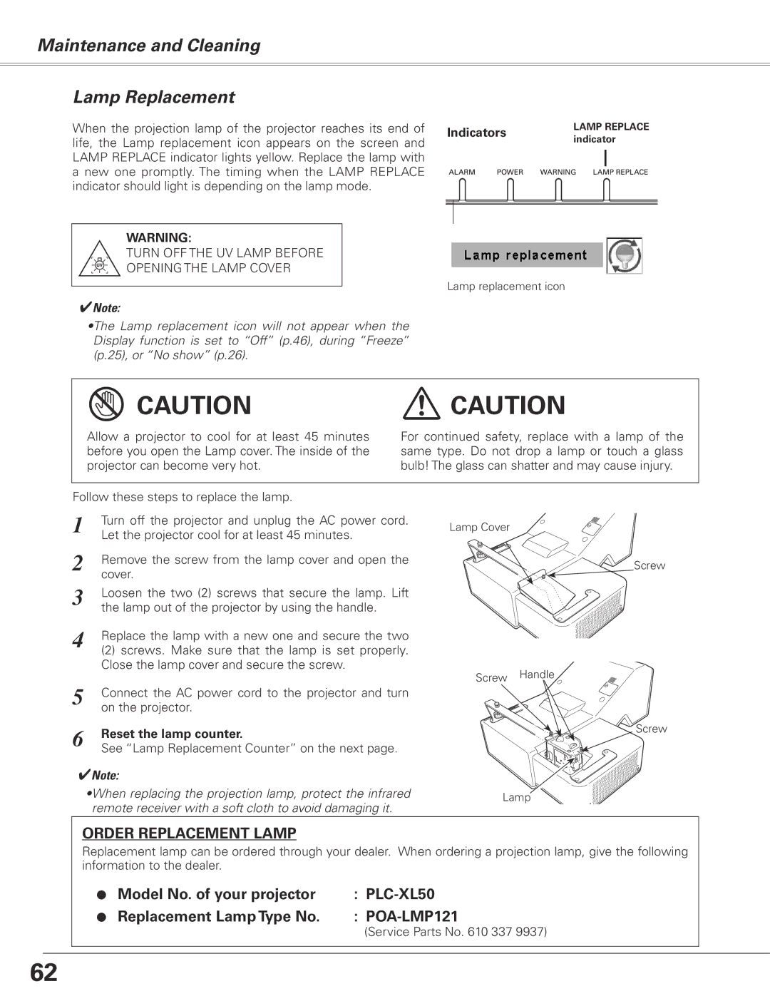 Sanyo PLC-XL50 owner manual Maintenance and Cleaning Lamp Replacement, Reset the lamp counter, Service Parts No 337 