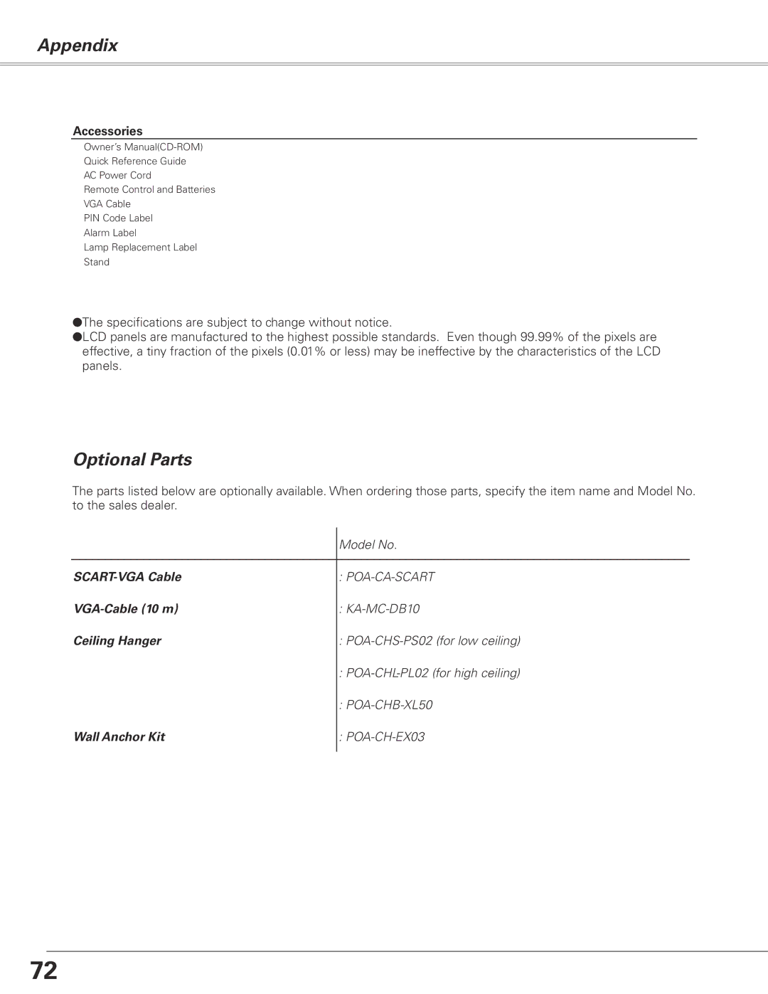 Sanyo PLC-XL50 owner manual Optional Parts, Accessories 