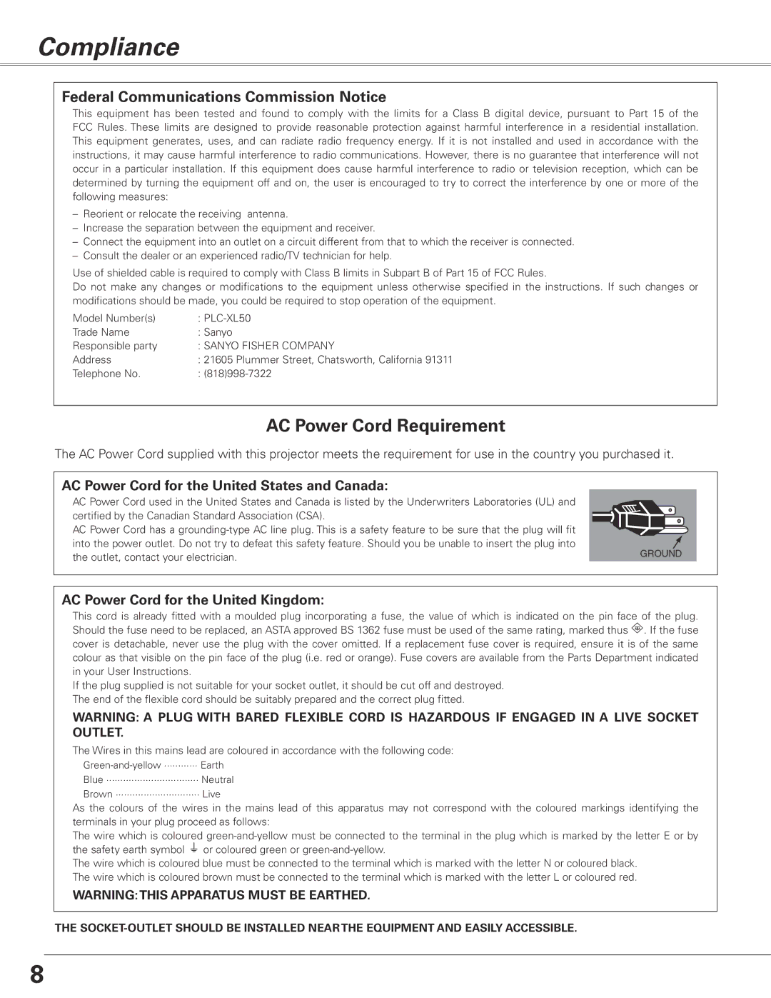 Sanyo PLC-XL50 owner manual Compliance, Federal Communications Commission Notice 