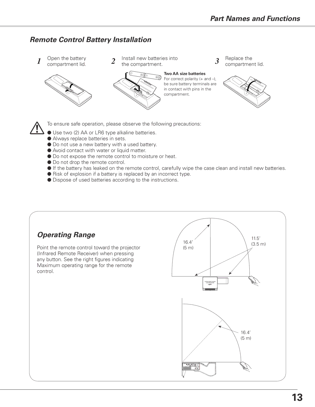 Sanyo PLC-XL50 owner manual Part Names and Functions Remote Control Battery Installation, Operating Range 