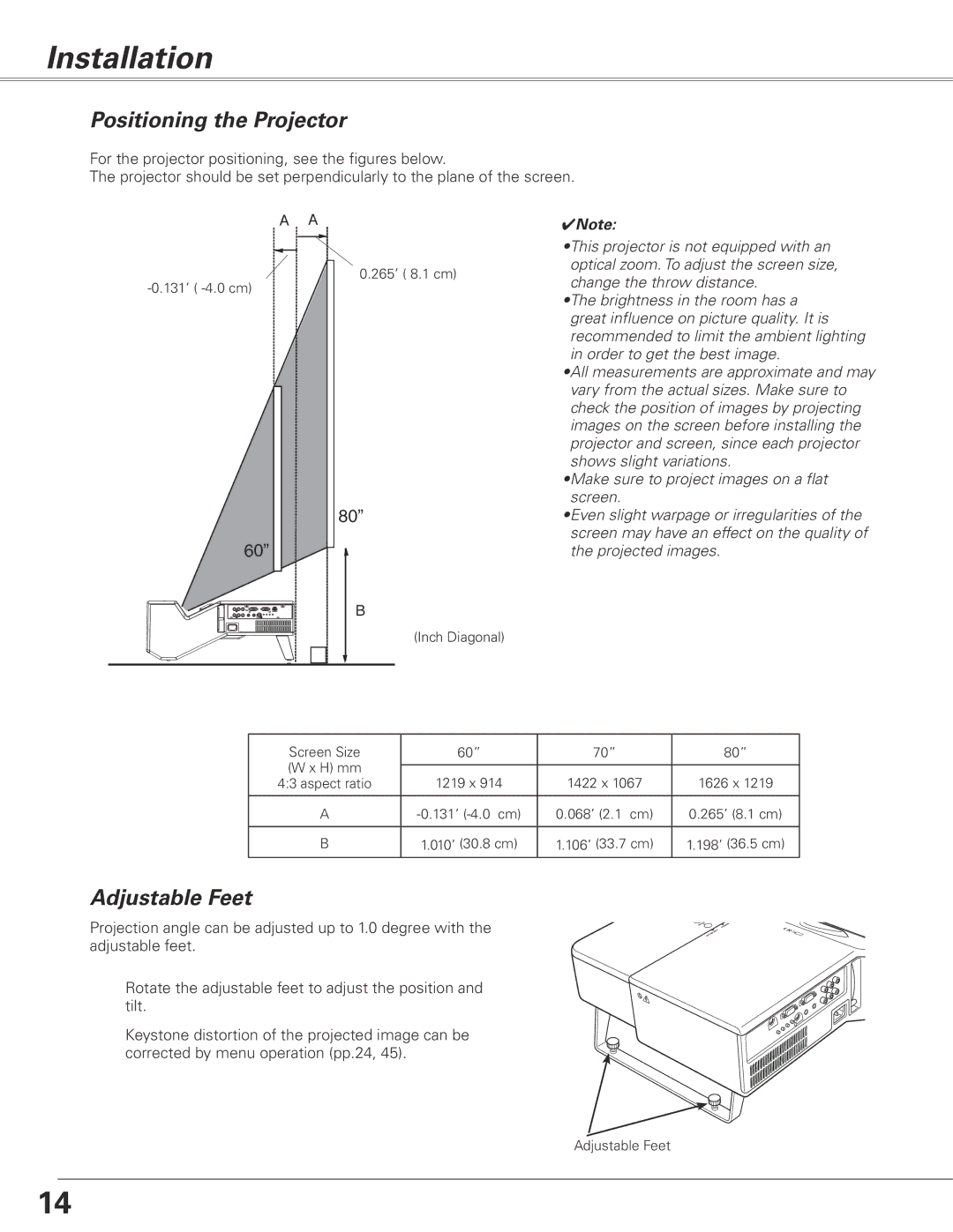 Sanyo PLC-XL50 owner manual Installation, Positioning the Projector, Adjustable Feet 